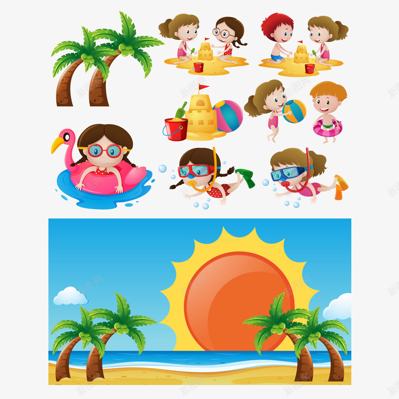 孩子们在海滩上玩png免抠素材_新图网 https://ixintu.com 大海 太阳 椰树 沙滩 海滩景观 游泳 潜水 玩耍 白云 蓝天