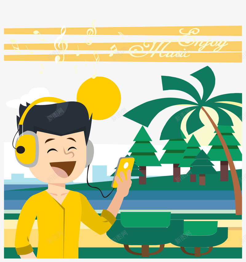 听歌男孩png免抠素材_新图网 https://ixintu.com 乐符 听歌的人 手绘手机 早晨 晨练 椰子树 沙滩 海 绿树背景 跑步 黄色耳机