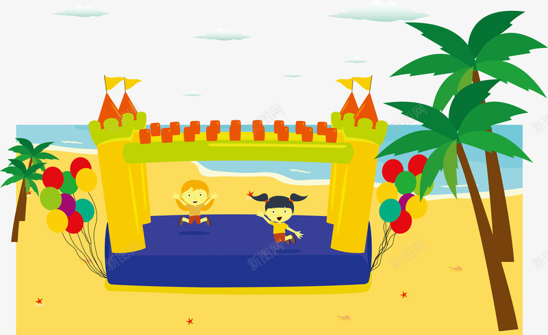 海边城堡游戏png免抠素材_新图网 https://ixintu.com 卡通 小孩子们 椰树 沙滩 玩游戏的人