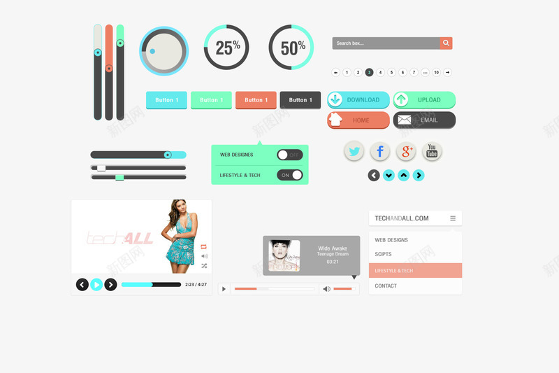淡雅彩色UI工具包图标png_新图网 https://ixintu.com 下载进度条 淡雅彩色UI工具包 滑动条 社交图标 网站搜索框 视频播放器 质感下载按钮 音乐播放器
