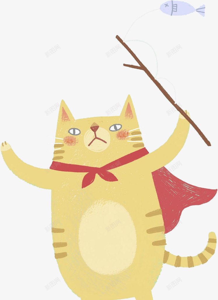 卡通钓鱼的小猫图png免抠素材_新图网 https://ixintu.com 创意的 卡通 小猫 插图 红色斗篷 超人 钓鱼 鱼竿