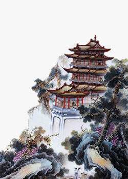 建筑风格景德镇瓷板画黄鹤楼高清图片