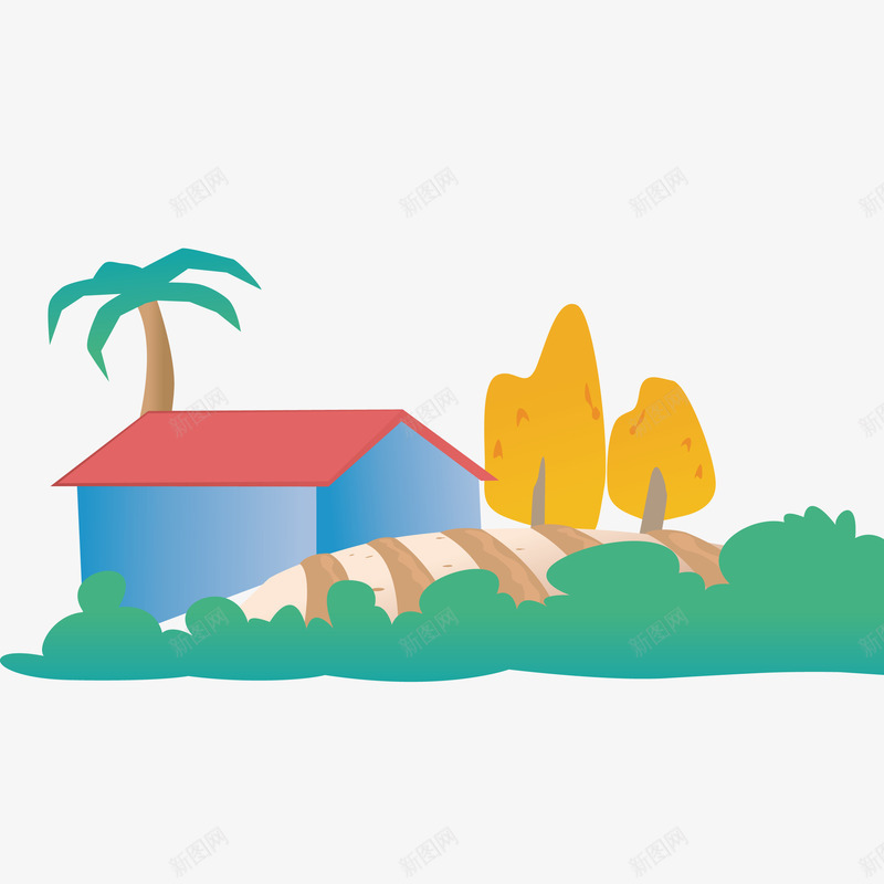 卡通山坡上的小房子png免抠素材_新图网 https://ixintu.com 山坡 房子 植物 绿色