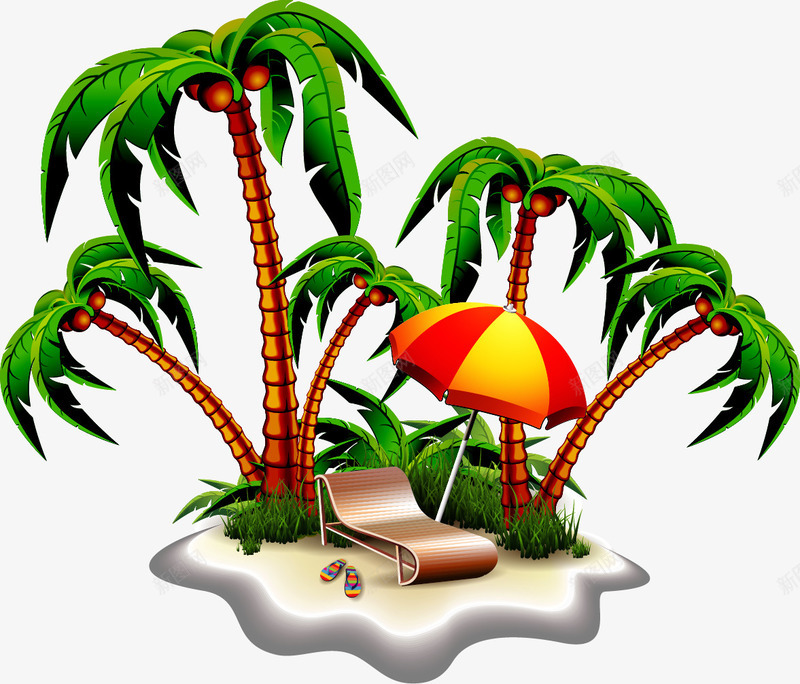 手绘沙滩度假png免抠素材_新图网 https://ixintu.com 度假 手绘 椰树 沙滩 躺椅
