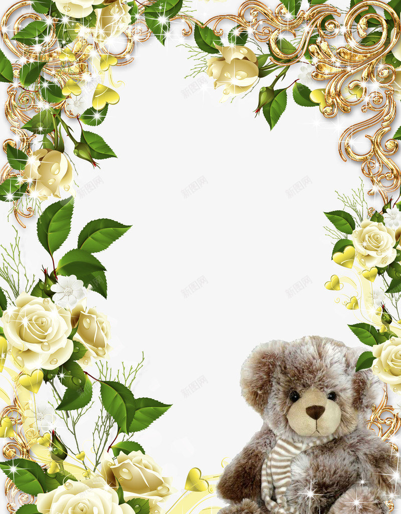花朵小熊边框png免抠素材_新图网 https://ixintu.com 小熊相框 浪漫边框 米白色花朵 花朵相框