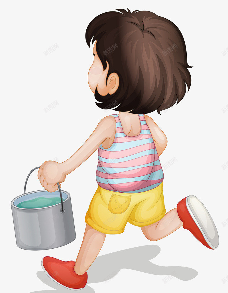 拎水奔跑的小女孩png免抠素材_新图网 https://ixintu.com 卡通手绘 可爱 奔跑 小女孩 水桶 清水 褐色短发