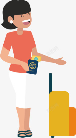 动漫相机旅游主题人物拿护照机票的女游客矢量图高清图片