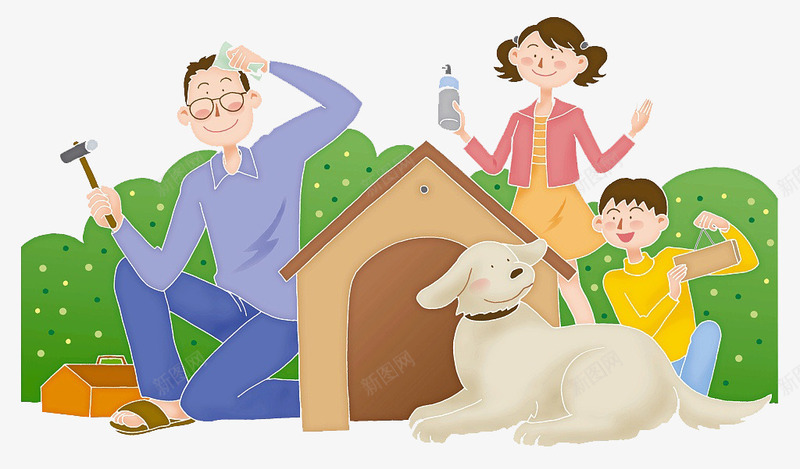 一家人给小狗盖房子png免抠素材_新图网 https://ixintu.com 一家人 卡通人物插图 可爱插图 小狗 狗与人 盖房子