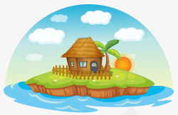 海岛小屋手绘海岛上的茅草小屋高清图片