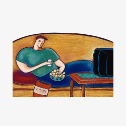 手绘男人躺沙发上吃薯片看电视素材
