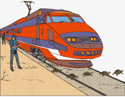 平面列车素材卡通手绘乌龟过轨道红色列车矢量图高清图片