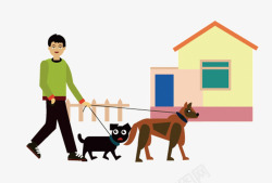 狗房子卡通手绘牵着狗去散步高清图片