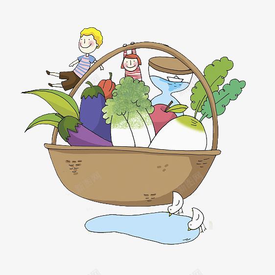 卡通插画一篮子蔬菜png免抠素材_新图网 https://ixintu.com 人物 卡通 卡通大白菜 大白菜 女孩 插画 沙漏 漫画 男孩 篮子 茄子 萝卜