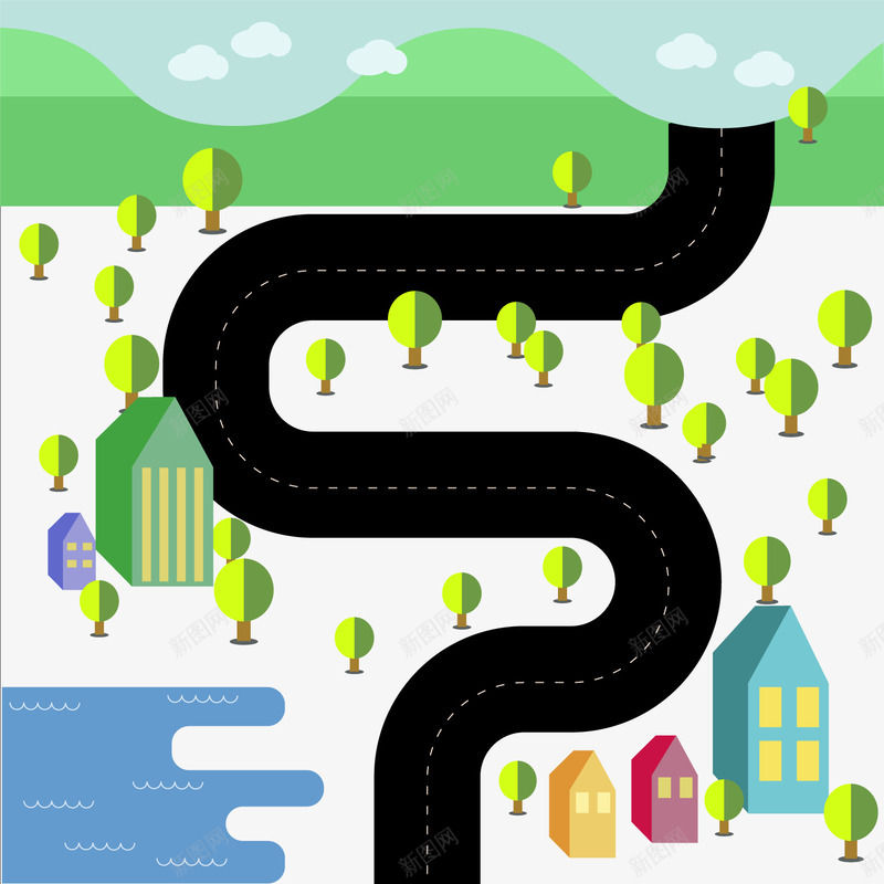 扁平公路矢量图ai免抠素材_新图网 https://ixintu.com 公路 房子 背景装饰 风景 马路 矢量图