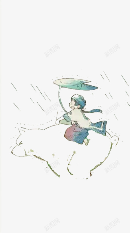 女孩和熊在风雨中奔跑png免抠素材_新图网 https://ixintu.com 女孩 熊 荷叶 雨