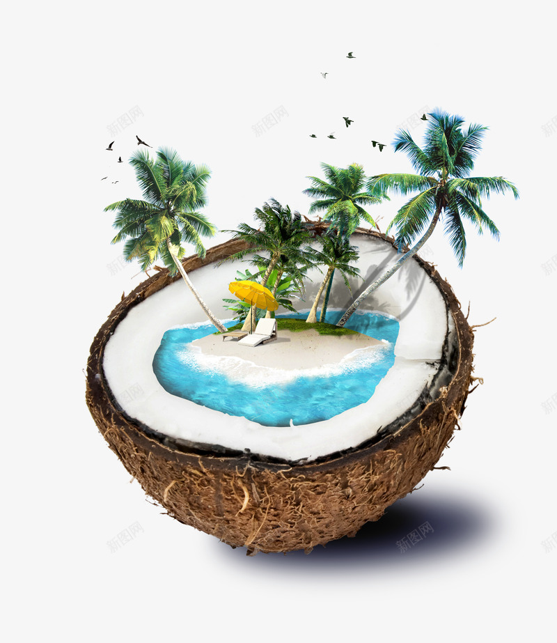 椰树psd免抠素材_新图网 https://ixintu.com 创意 叶子 叶子广告 夏天 夏日 广告设计 椰子 椰树 沙滩 海南岛