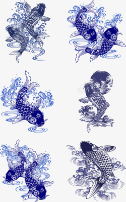 森女系手绘中国风蓝色鲤鱼元素矢量图高清图片