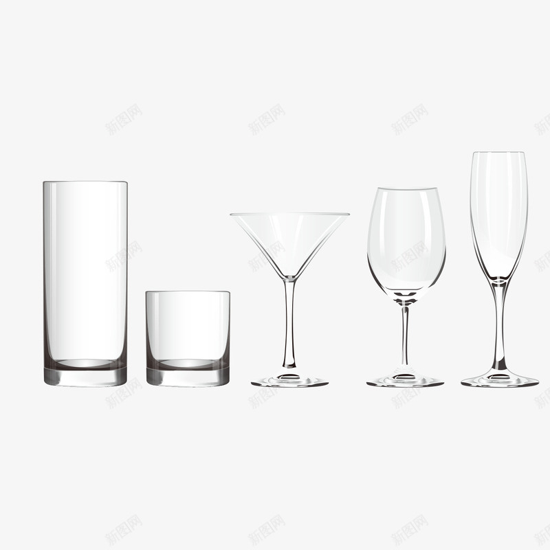 五款不同的玻璃杯png免抠素材_新图网 https://ixintu.com 水杯 玻璃杯 红酒杯 高脚杯