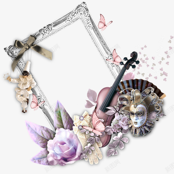 白色装饰相框边框png免抠素材_新图网 https://ixintu.com 女王面具 小提琴 白色边框 紫色花朵