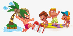 夏日沙滩上玩耍的卡通儿童素材