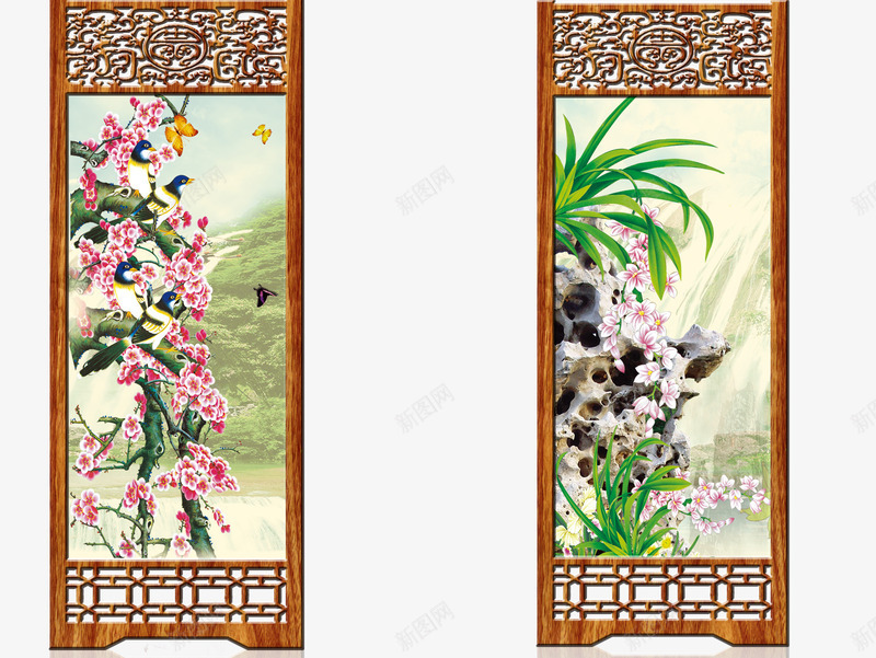 中式屏风png免抠素材_新图网 https://ixintu.com 中式 兰花 实物屏风 屏风 梅花