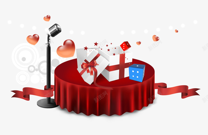 红色圆桌上的白色礼物和麦克风png免抠素材_新图网 https://ixintu.com 圆桌 礼盒 红色