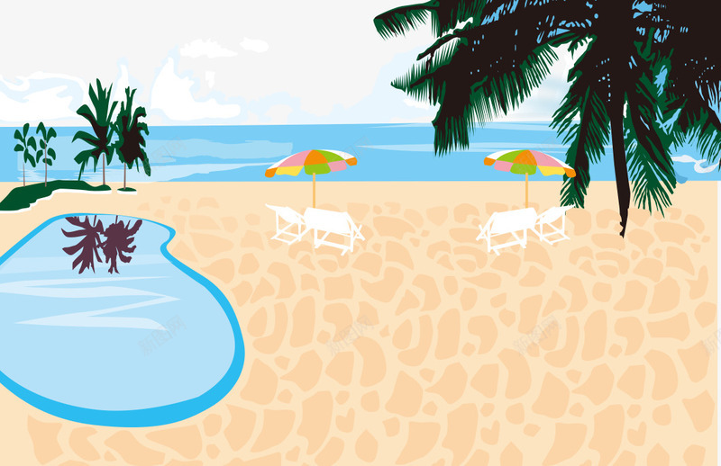 卡通手绘沙滩太阳伞椰树png免抠素材_新图网 https://ixintu.com 卡通的椰树 手绘的沙滩 沙滩的太阳伞 翠绿的椰树