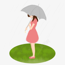 平面下雨素材手绘撑伞的卡通少女高清图片
