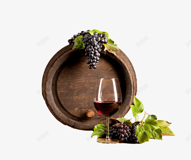 酒桶和葡萄png免抠素材_新图网 https://ixintu.com 享受 叶子 木桶 红葡萄 红酒 绿叶 葡萄酒 酒窖