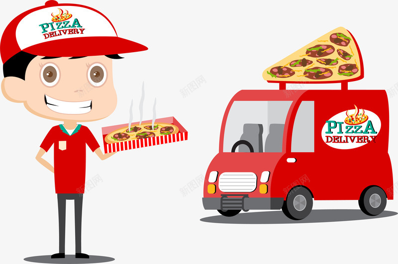 披萨外送员矢量图eps免抠素材_新图网 https://ixintu.com 披萨外送 矢量素材 红色餐车 送外卖 矢量图