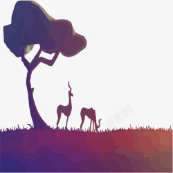 紫色绚丽大树草地与小鹿素材