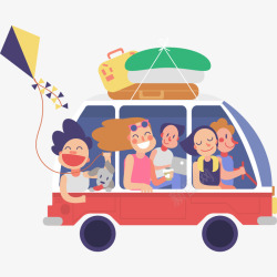 手绘可爱卡通插图一家人自驾游旅素材