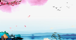 中国风海报背景版式花瓣山水鸟书素材