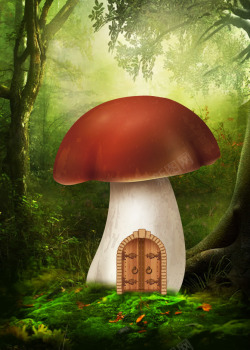 蘑菇木耳海报梦幻森林蘑菇屋高清图片