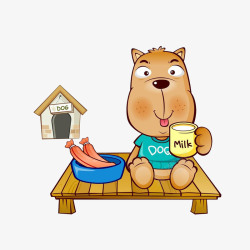 狗吃报纸卡通坐在木椅上喝牛奶吃香肠的小高清图片