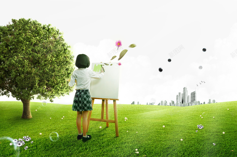 春天的气息psd免抠素材_新图网 https://ixintu.com 实物 画板 绘画的小女孩 绿树 绿色 草地