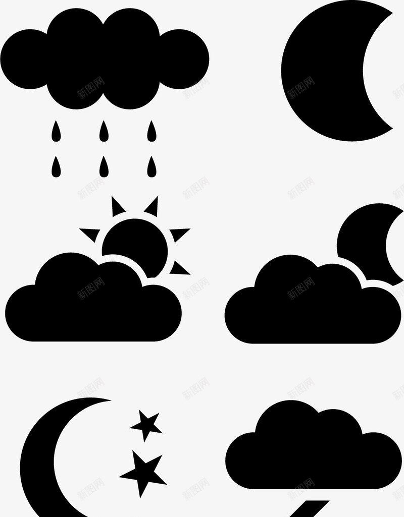 黑白天气图标剪影png_新图网 https://ixintu.com 多云 天气 天气图标 天气预报 雷雨图标 黑白剪影