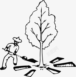 黑色的肥料手绘农民给树木进行放射状沟法施图标高清图片