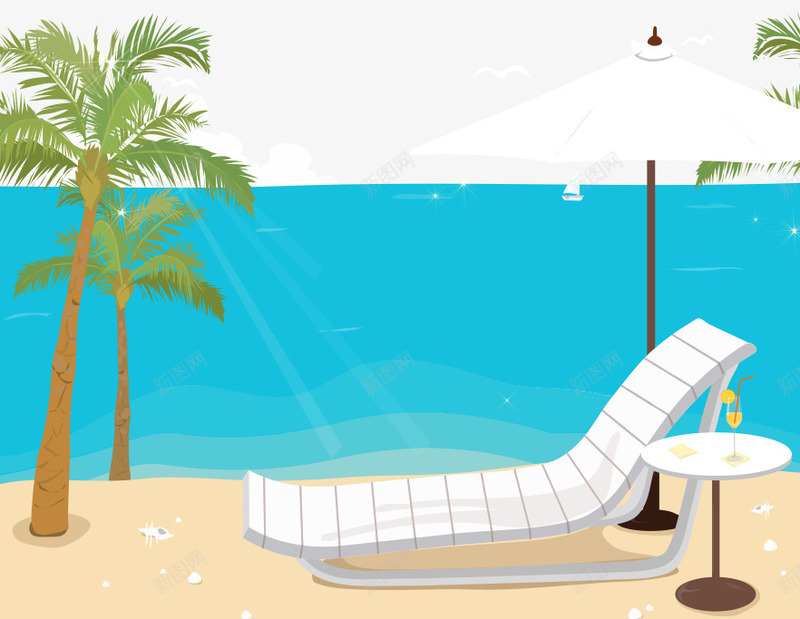 卡通手绘海边躺椅太阳伞海水椰树png免抠素材_新图网 https://ixintu.com 卡通的海边 太阳伞 手绘的椰树 海水 海边的躺椅 蓝色的