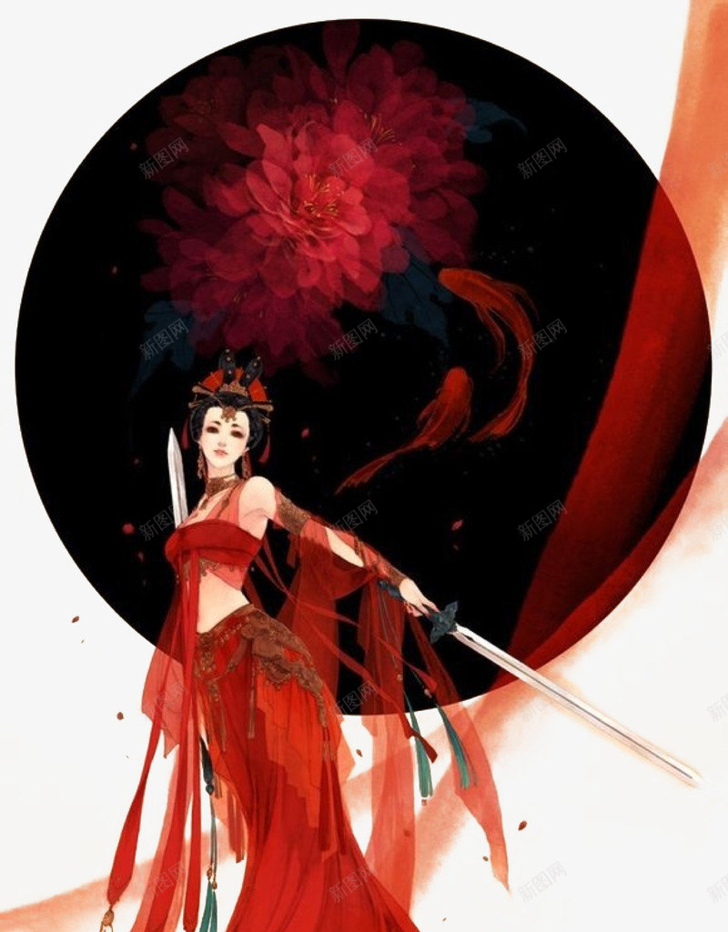 红衣美女png免抠素材_新图网 https://ixintu.com 圆形 女侠 持剑美女 红花 红衣