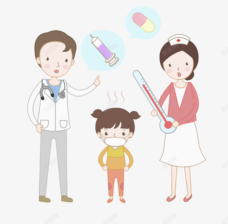 生病的孩子png免抠素材_新图网 https://ixintu.com 体温计 医生 卡通 吃药 孩子 手绘 打针 护士