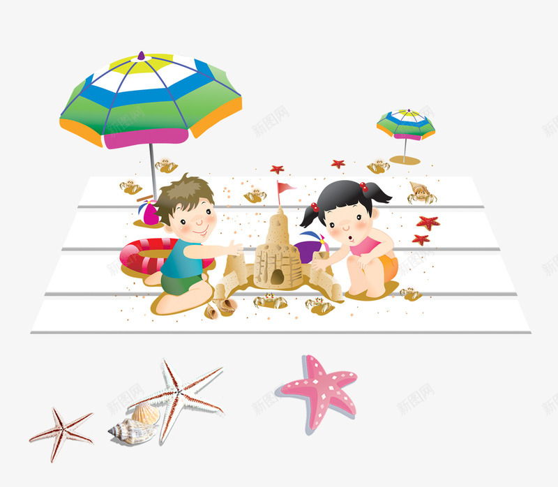 卡通儿童沙滩png免抠素材_新图网 https://ixintu.com 儿童 度假 海螺 遮阳伞