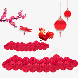 公鸡灯笼红色扁平化新年祥云和折叠式灯笼高清图片