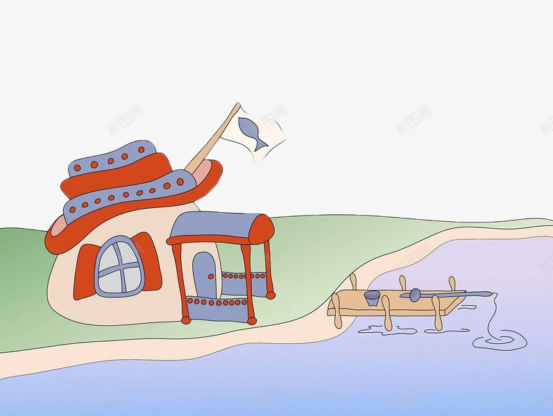 卡通手绘码头png免抠素材_新图网 https://ixintu.com 卡通 房子 手绘 水面 港口码头 码头