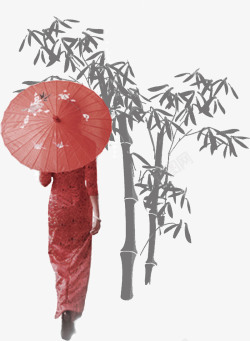 古典风古代美女打伞背影竹子素材