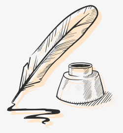 鹅毛笔手绘卡通羽毛笔墨水瓶高清图片