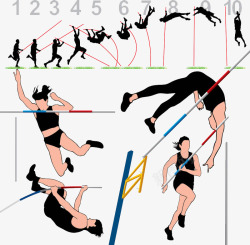 撑杆跳运动手绘彩色撑杆跳技术分解女运动员高清图片