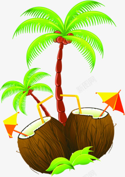 手绘沙滩手绘沙滩椰子树椰子高清图片