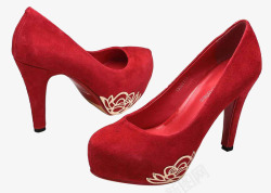 红色皮鞋红色绒面印花婚鞋高清图片