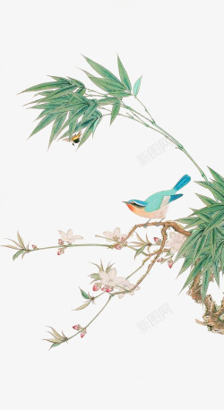 中国风工笔鸟中国风树叶花鸟高清图片